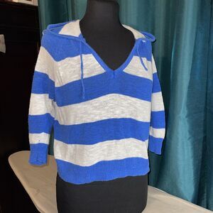 I Love H81  Blue White Striped V-NECK Hoodie Crop SWEATER size S
